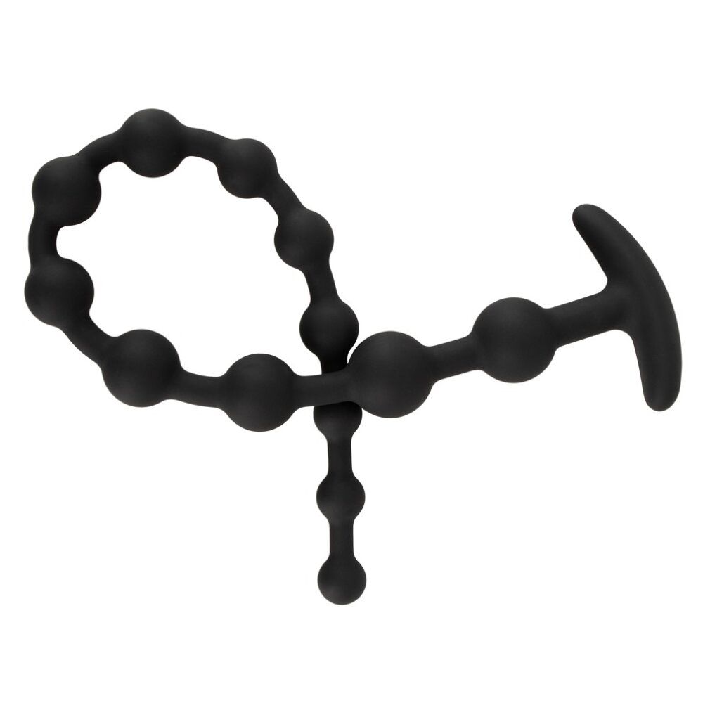 Zwarte anale kralen met bollen van verschillende grootte. Eén uiteinde met T-vormige handgreep, de andere met een reeks kleinere bollen.