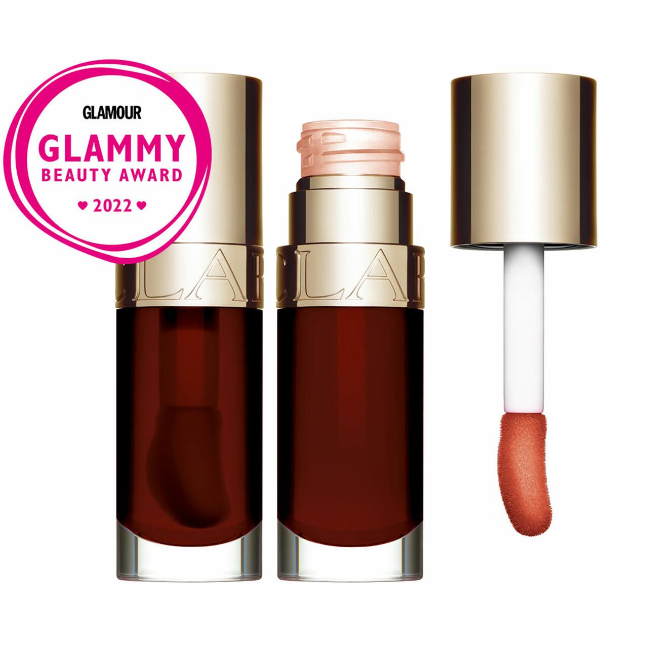 Clarins Lip Comfort Oil flacons, één geopend met applicator, met Glammy Award 2022 zegel.