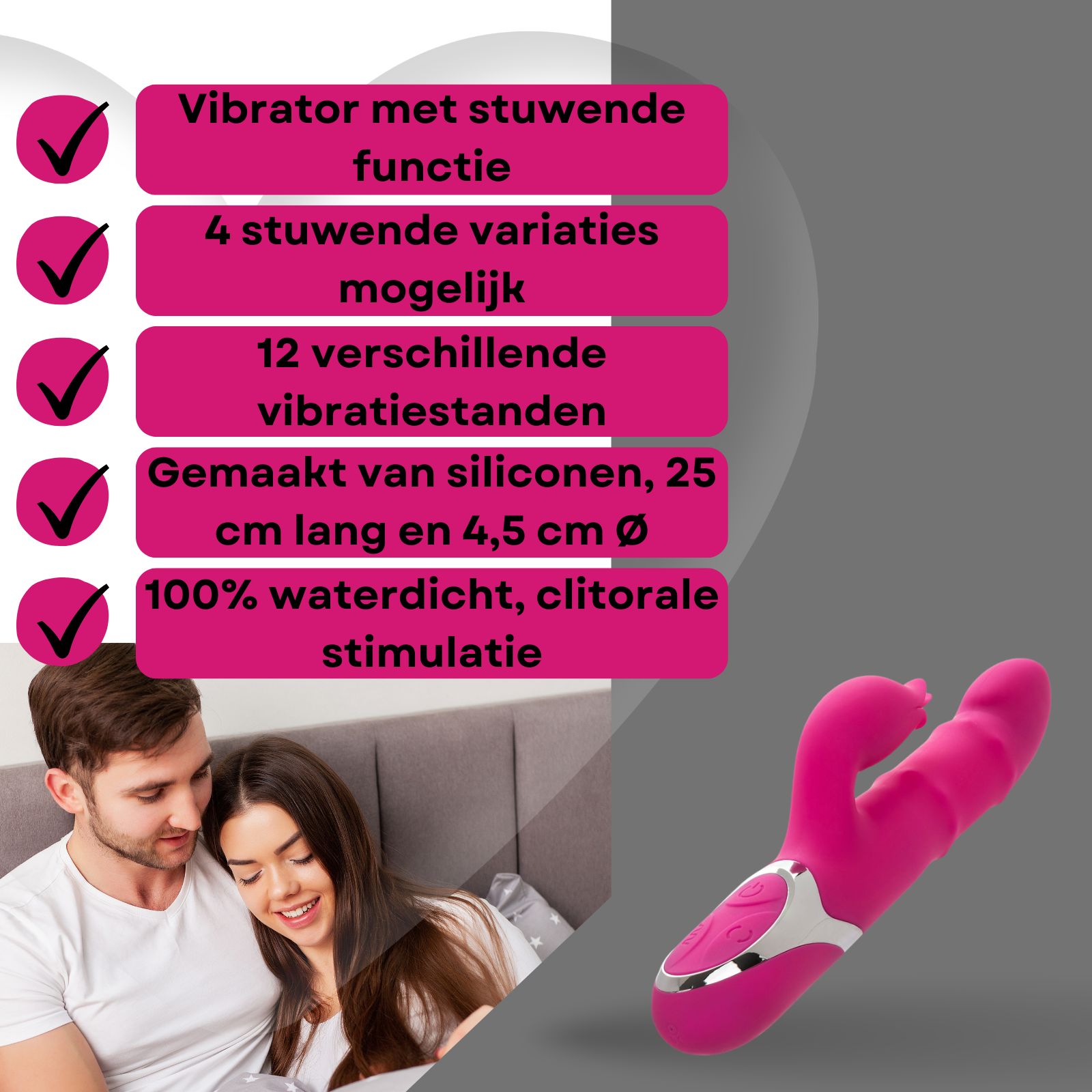 Roze vibrator met tekst. Tekst: Stootfunctie, 4 standen, 12 vibraties, siliconen, 25cm, waterdicht.