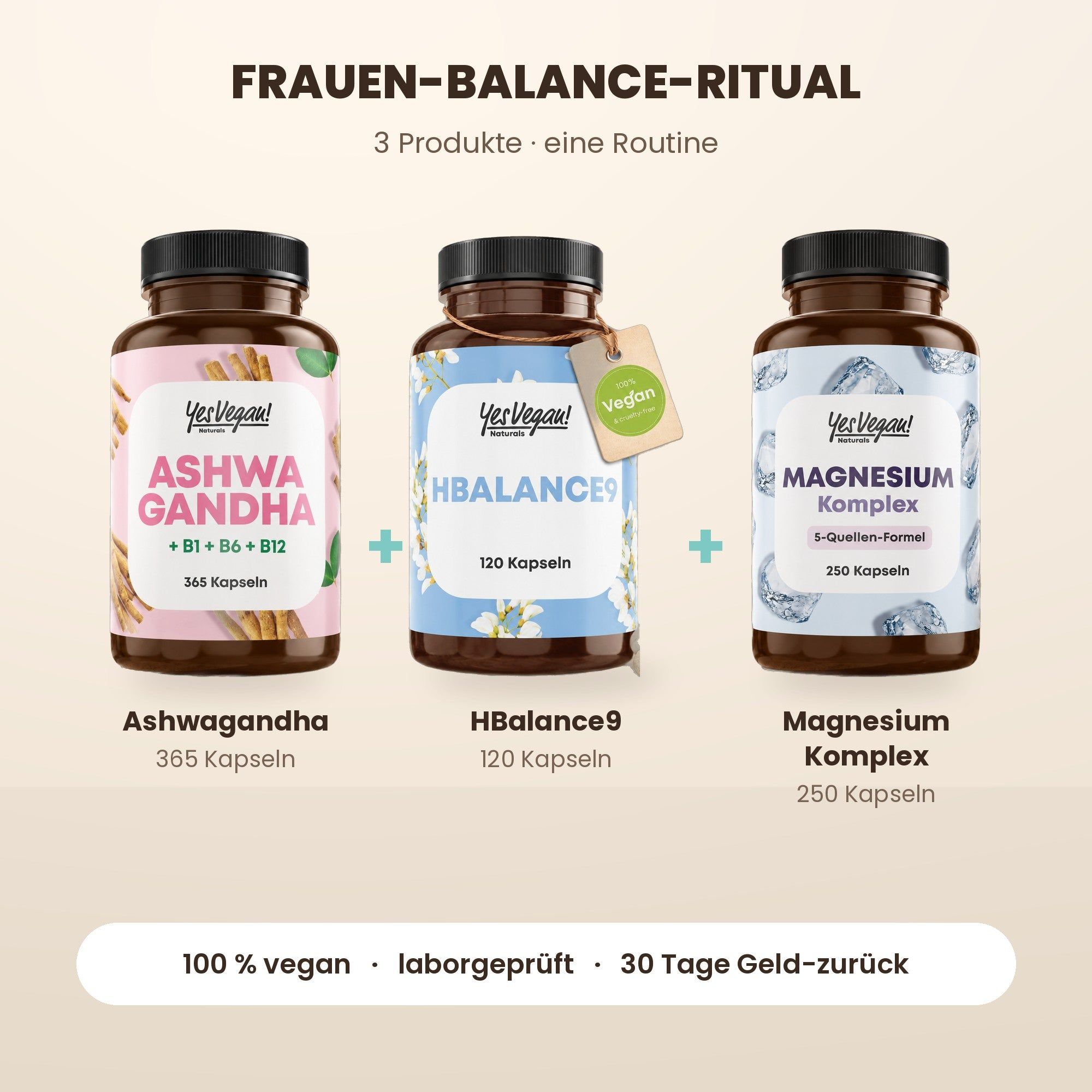 Trois produits Yes Vegan!: Complexe Fer (180 gélules), Sun Vitamins D3+K2 (180 gélules) et Complexe Super Champignon (180 gélules).