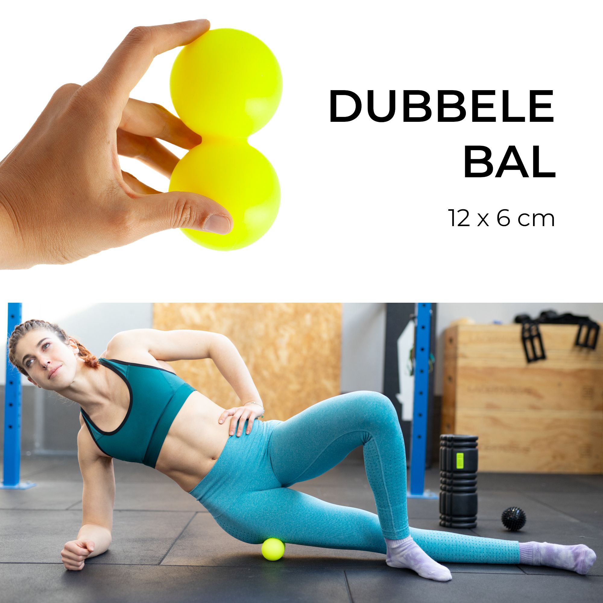 Duoball 12x6cm in hand, vrouw strekt zich met duoball.