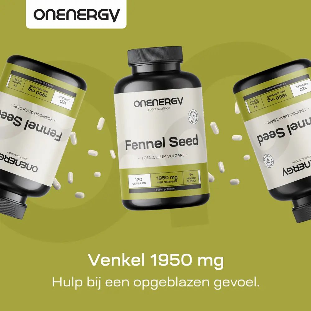 Drie ONENERGY venkelzaadpotjes op groene achtergrond. 1950 mg hulp bij een opgeblazen gevoel.