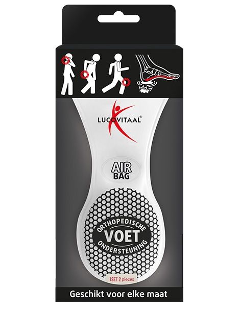 Emballage de support de pied orthopédique. Emballage noir et blanc avec image du produit et texte. Marque : Lucovitaal.