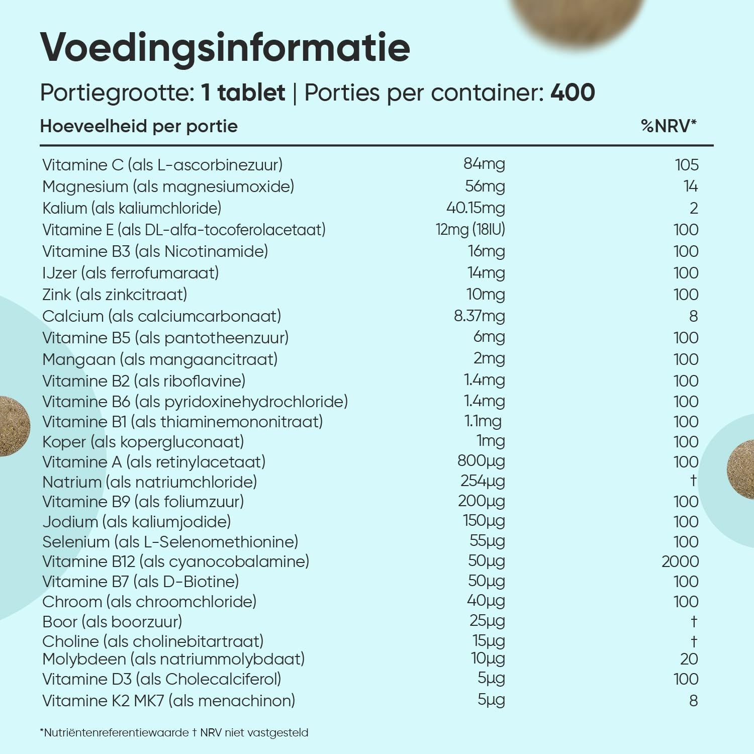 Fles Multivitaminen & Mineralen met voedingswaardetabel in het Nederlands.