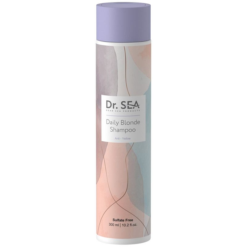 Shampoo blond de Dr. SEA. Bouteille cylindrique avec bouchon violet. Inscription: Daily Blonde Shampoo, Anti-Gelbstich.
