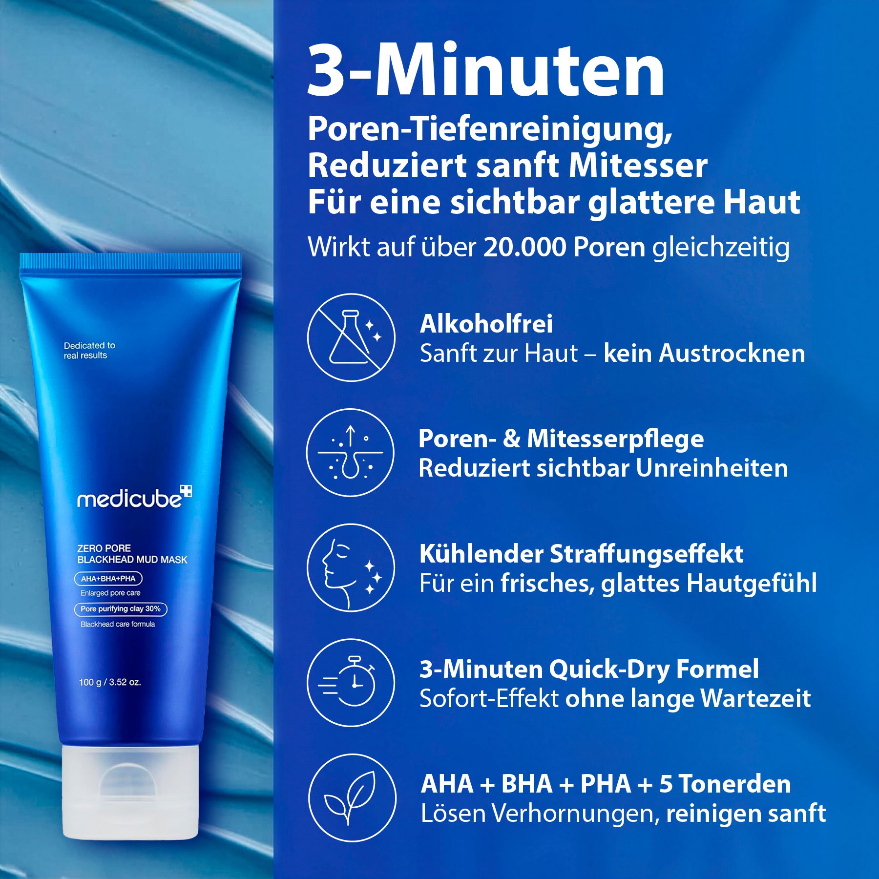 Tube bleue avec Medicube Zero Pore Blackhead Mud Mask, 100g/3.52 oz.