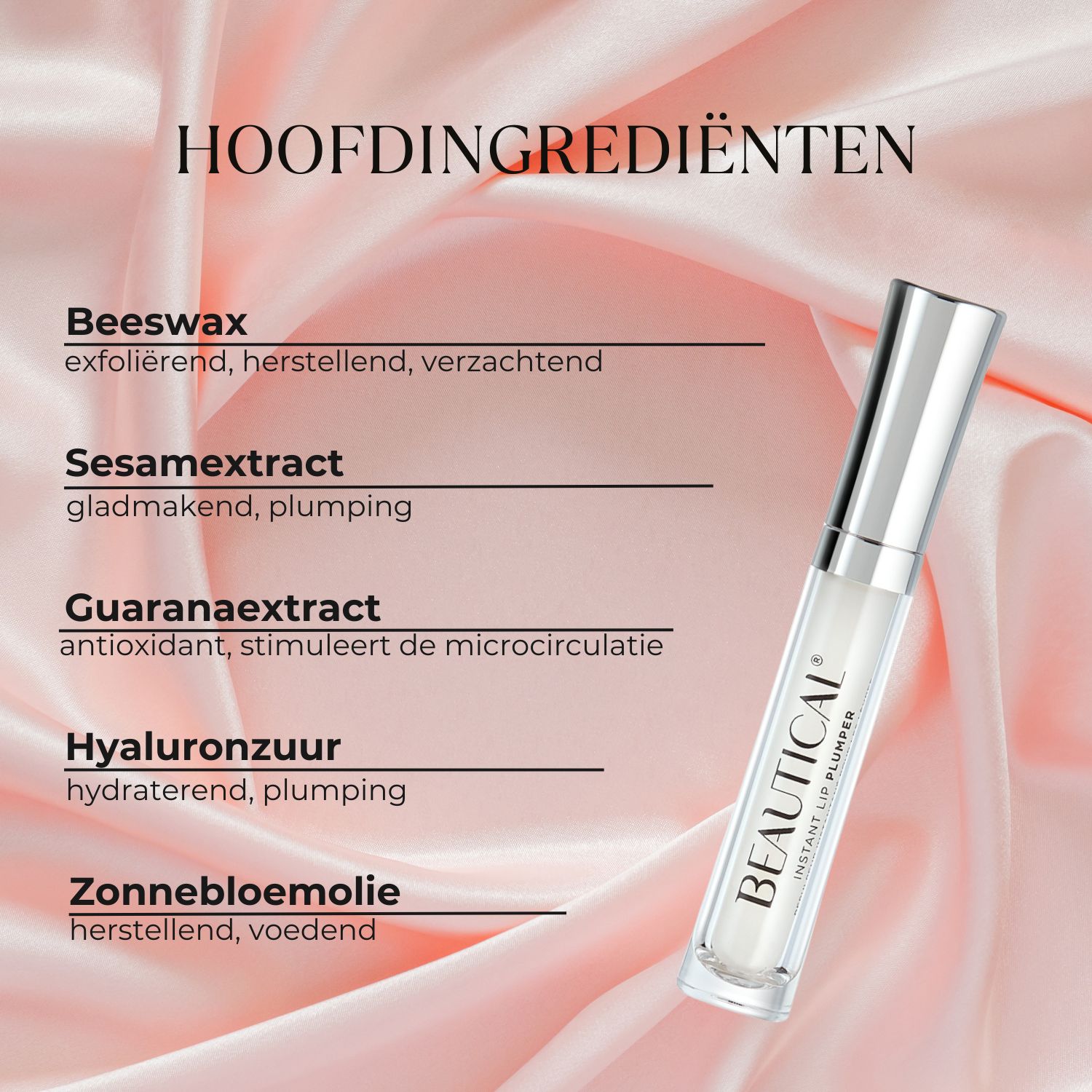 Tekst: HOOFDINGREDIËNTEN. Product met applicator. Tekst: Bijenwas, Sesam extract, Guarana extract, Hyaluronzuur, Zonnebloemolie.