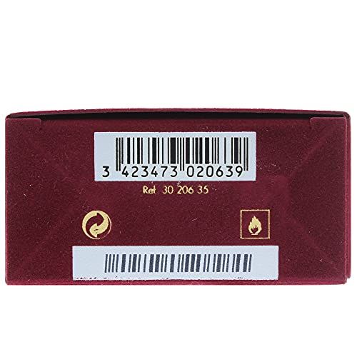 Dessous de l'emballage bordeaux avec code-barres, symboles d'avertissement et informations sur le produit.