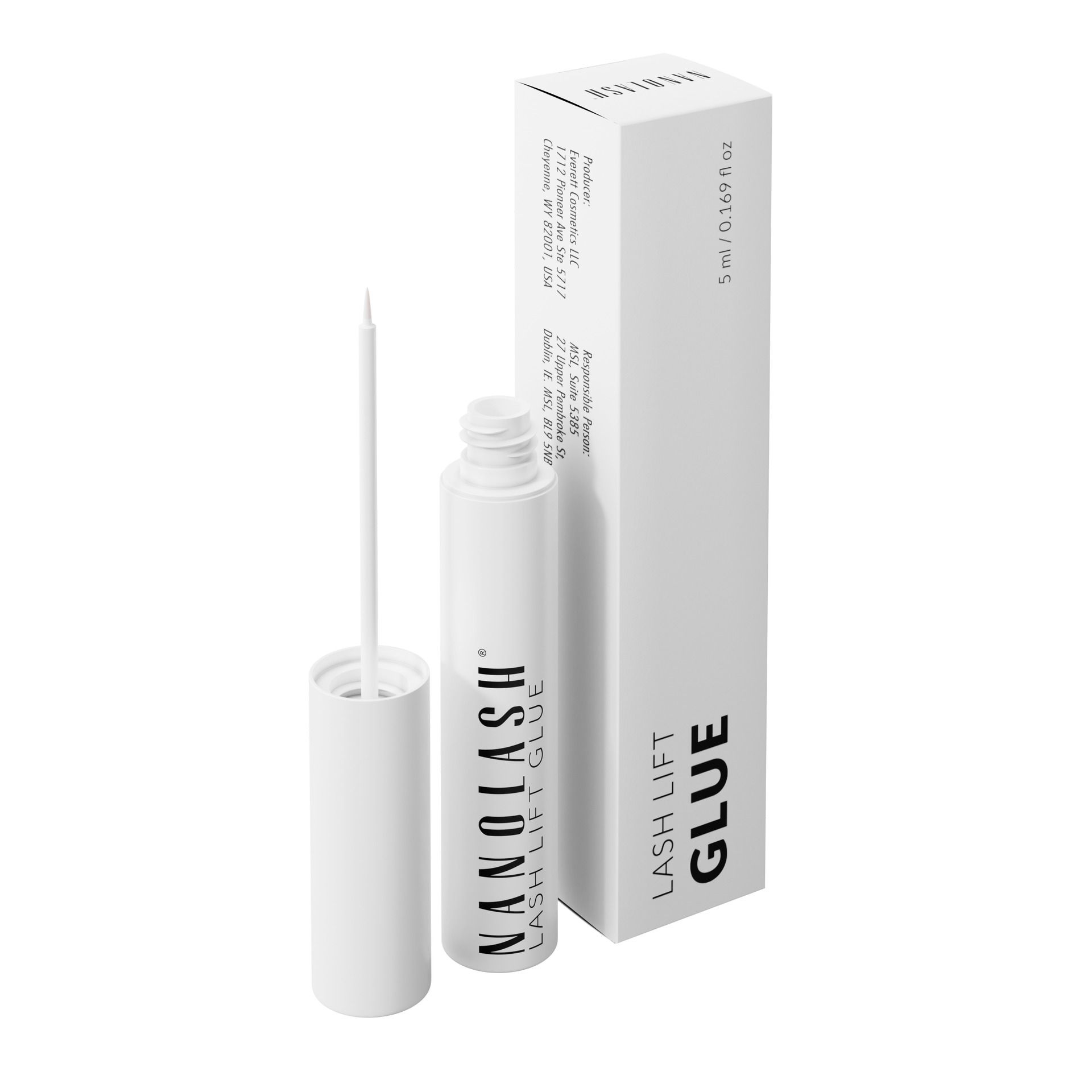 Colle pour rehaussement de cils, blanche. Flacon et boîte. Inscription: Nanolash, Lash Lift Glue. 5 ml.