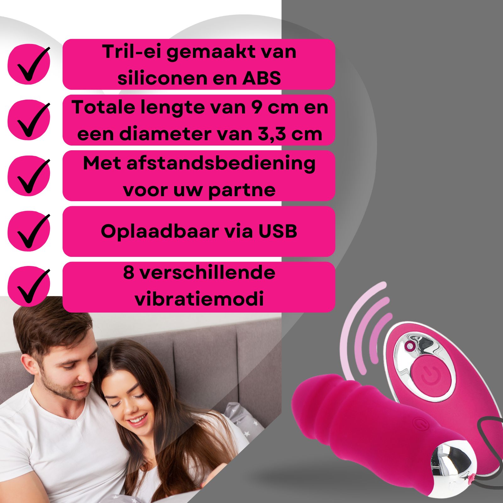Roze vibratie-ei met afstandsbediening. Siliconen en ABS. 9cm lang, 3,3cm diameter. Oplaadbaar via USB.