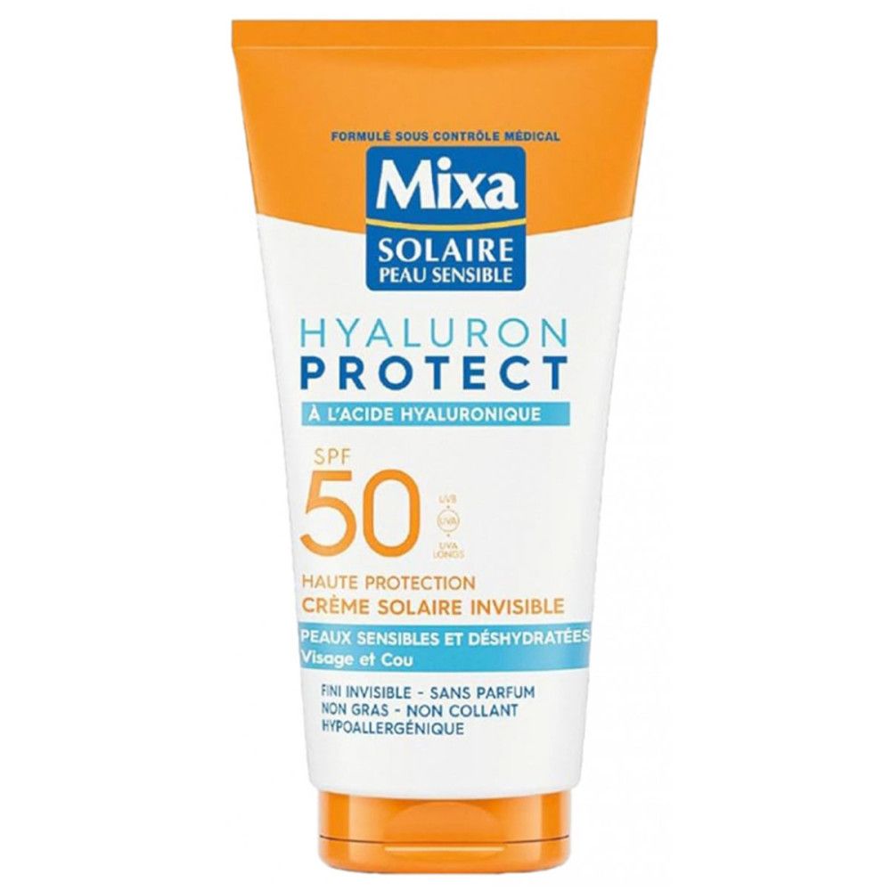 Zonnebrandcrème tube met Mixa logo en SPF 50. Tekst: Hyaluron Protect, voor gevoelige huid. Oranje en witte verpakking.