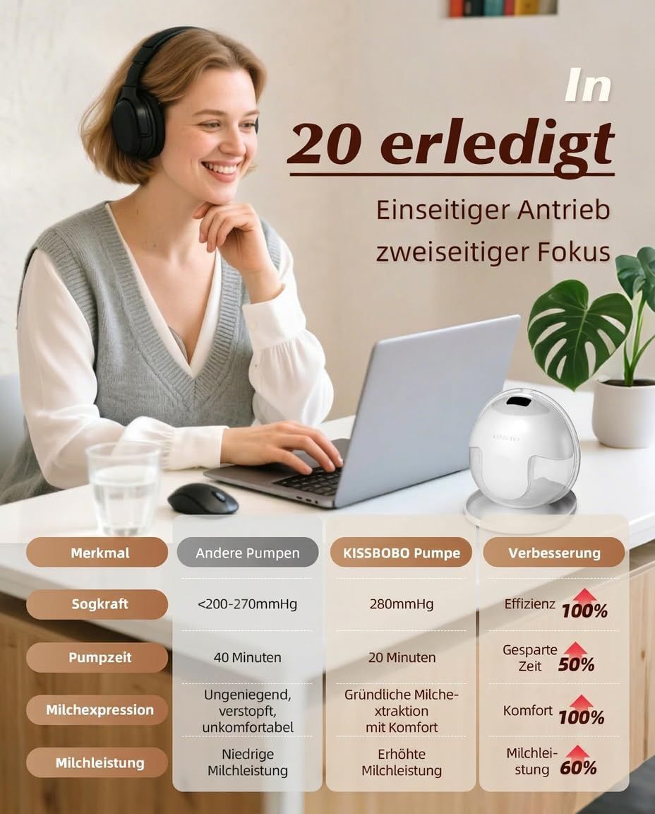 Vrouw werkt aan laptop, KISSBOBO melkpomp op tafel.