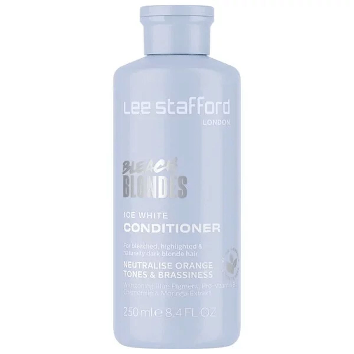Vooraanzicht van de Lee Stafford Bleach Blondes Ice White Conditioner fles met 250ml vermelding.