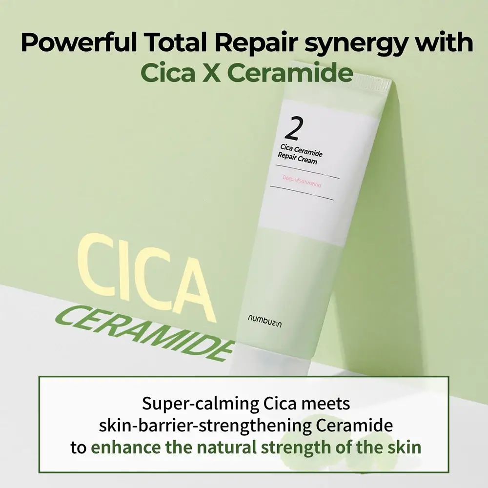 Tube avec texte sur fond vert. Inscription : 2 Cica Ceramide Repair Cream. Texte : Powerful Total Repair synergy with Cica X Ceramide.