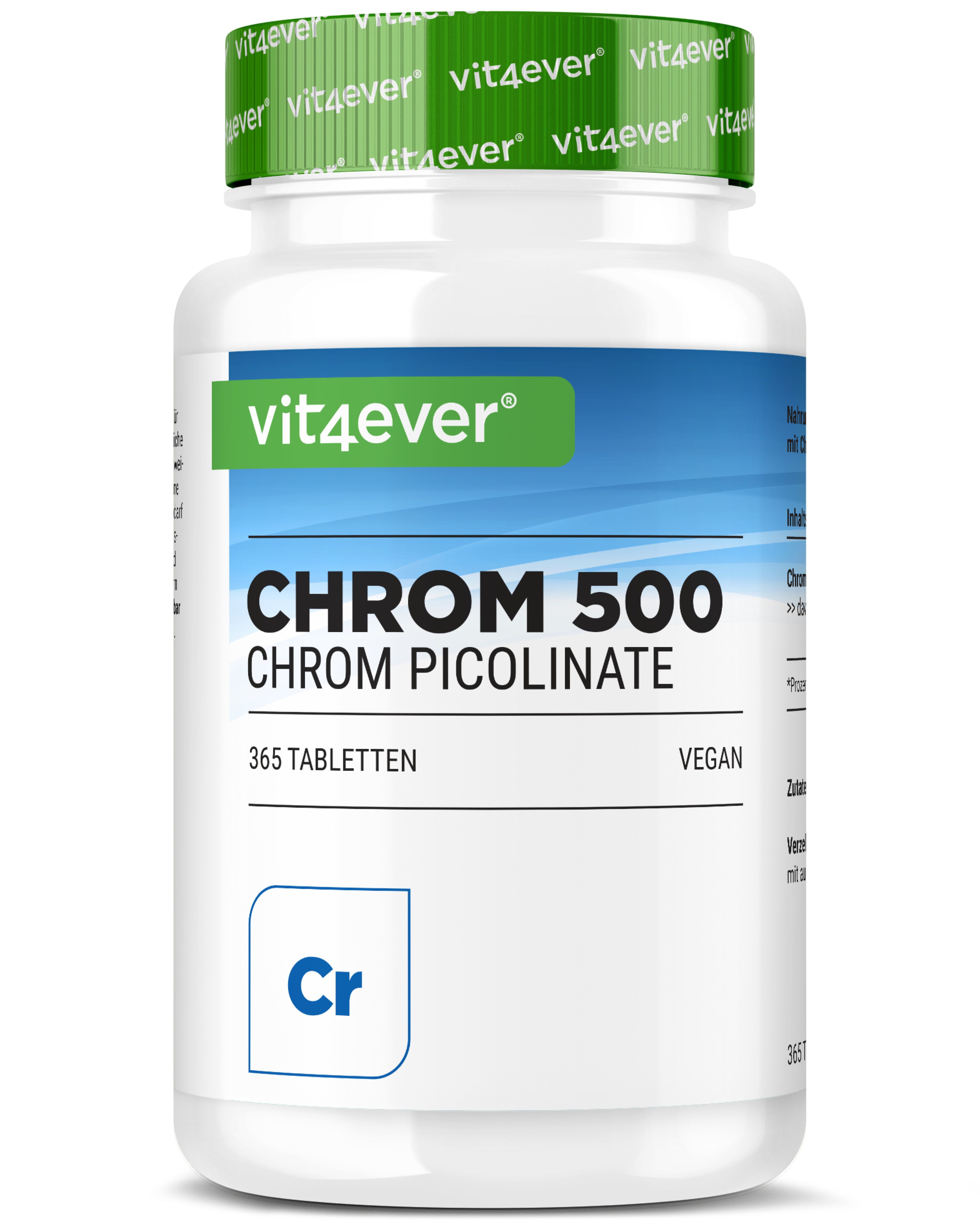 Vit4ever Chrome 500 Picolinate: Flacon de 365 comprimés, 500 mcg de chrome, vegan.
