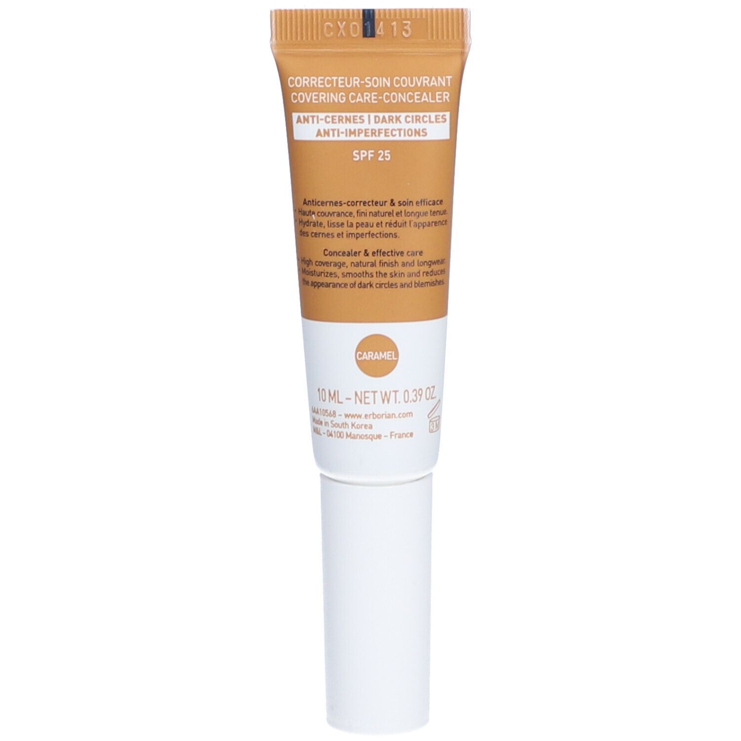 Tube avec inscription: SUPER BB CONCEALER, KARAMELL. Contient SPF 25. Marque: Erborian.