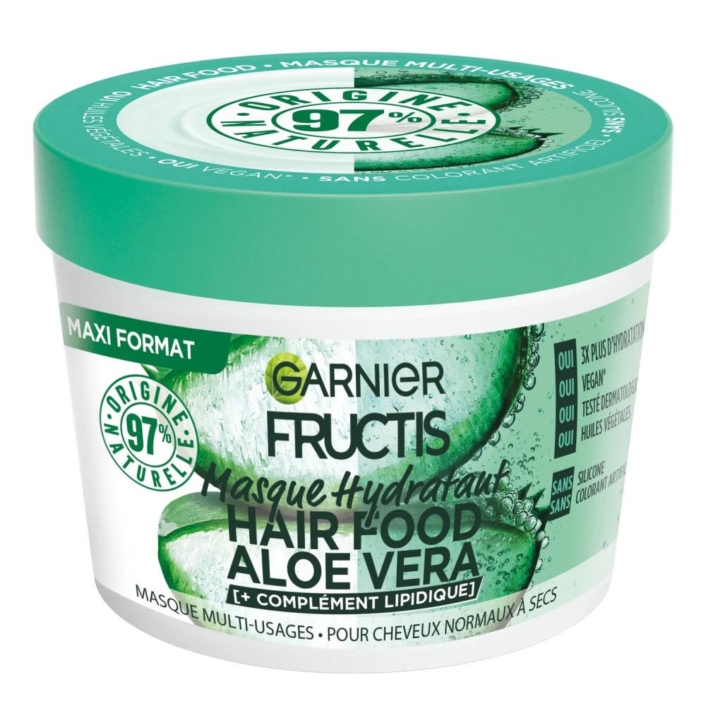 Garnier Fructis Hair Food Haarmasker met Aloë Vera, Maxi Formaat, 97% natuurlijke ingrediënten, ronde pot met aloë vera-motief.