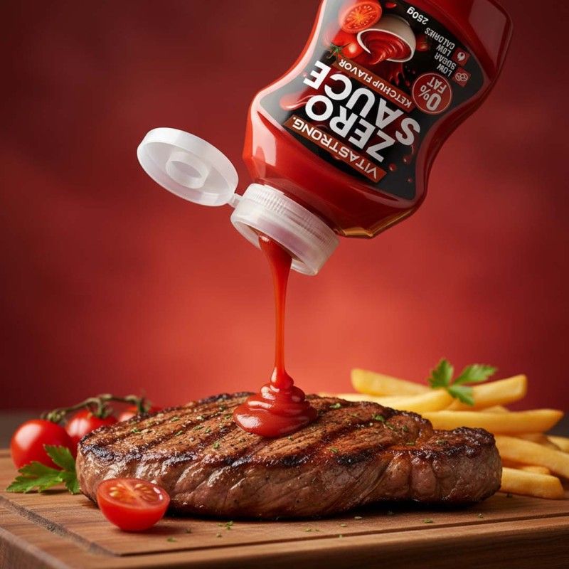 Vitastrong Zero Sauce Ketchup Flavor wordt over een biefstuk gegoten. Tomaten en friet op een houten plank. 0% vet, weinig suiker, weinig calorieën.