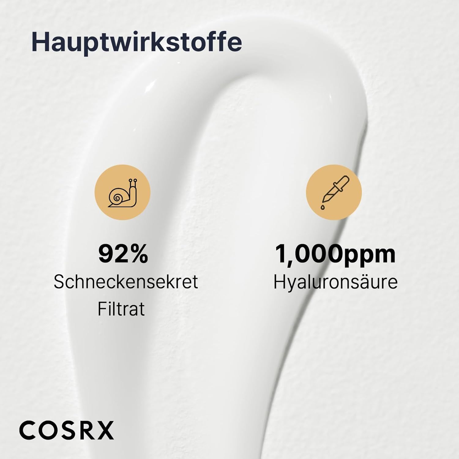 Textuur van COSRX slakkencrème met iconen voor 92% slakkenslijm en hyaluronzuur.