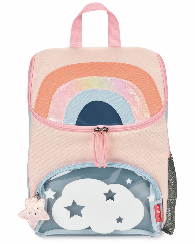 Roze rugzak met regenboogontwerp en wolkenapplicatie. Ritssluiting, sterbedel, zijvak van gaas.