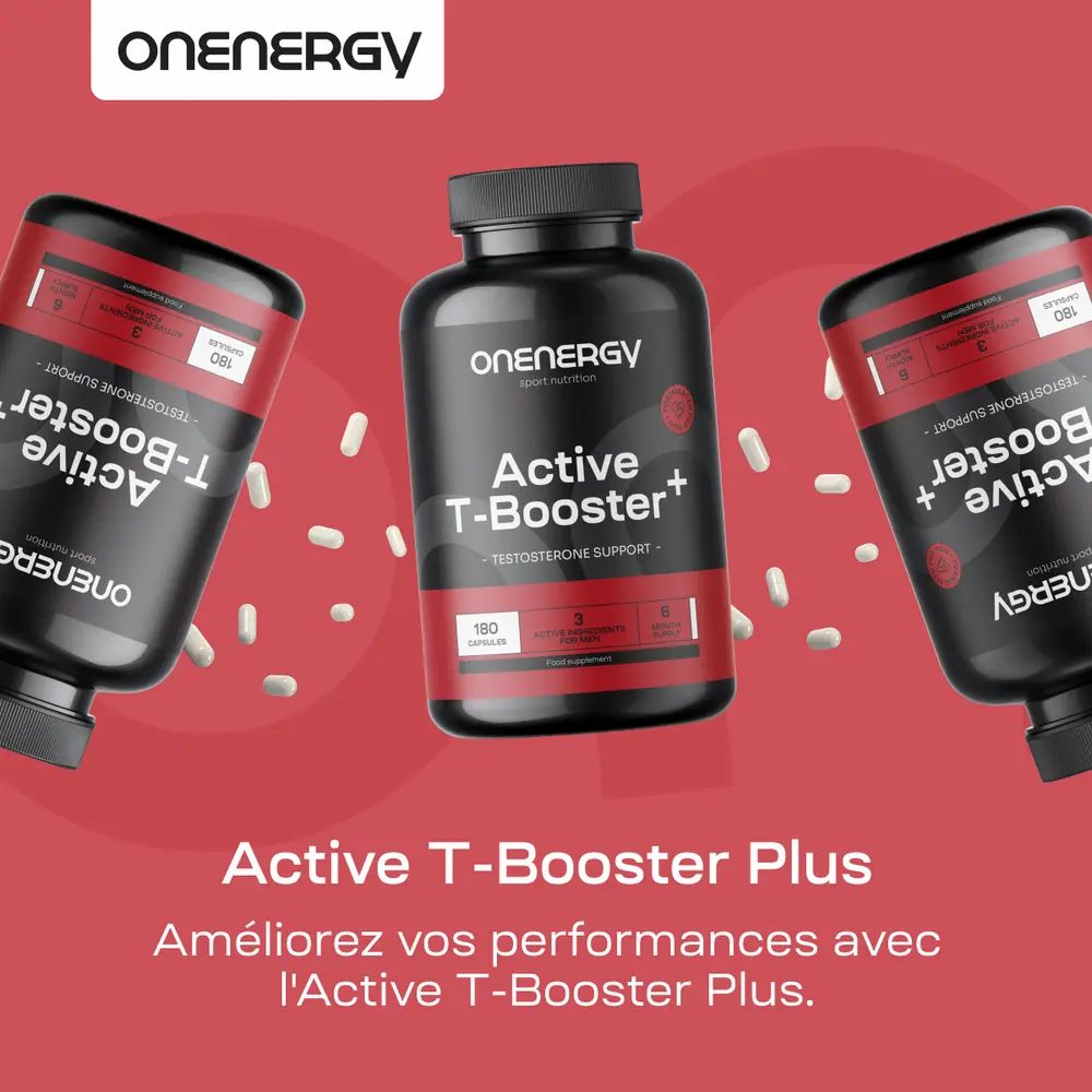 Trois bouteilles OnEnergy Active T-Booster Plus sur fond rouge. "Améliorez vos performances."