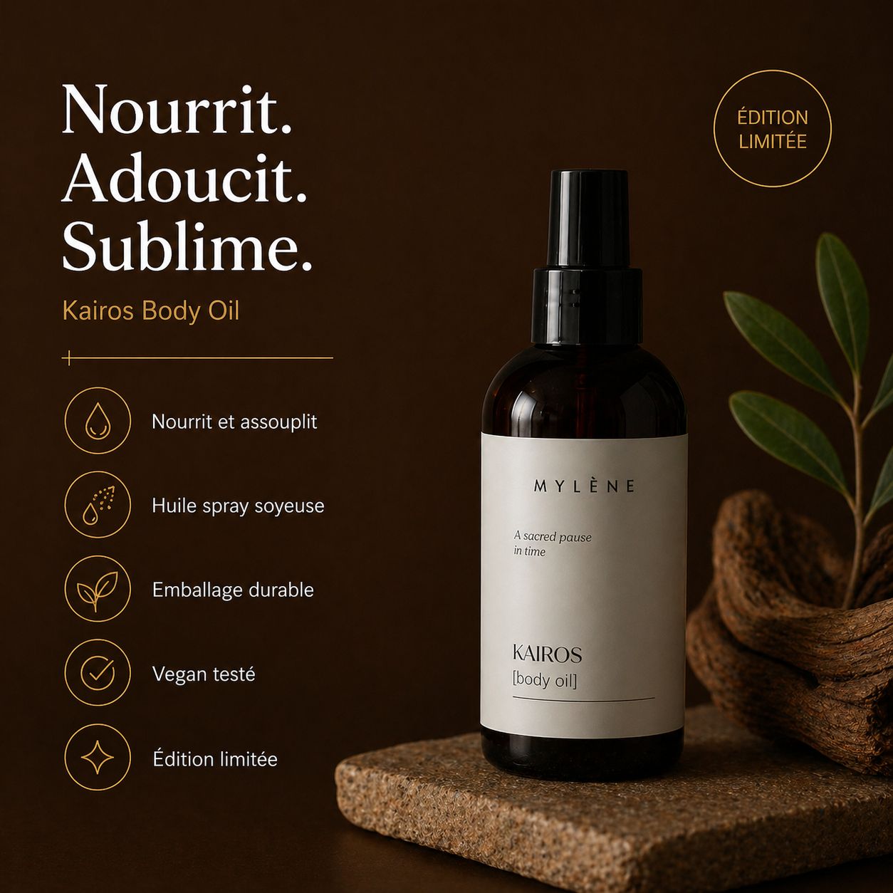 Huile corporelle Kairos dans une bouteille spray foncée.
