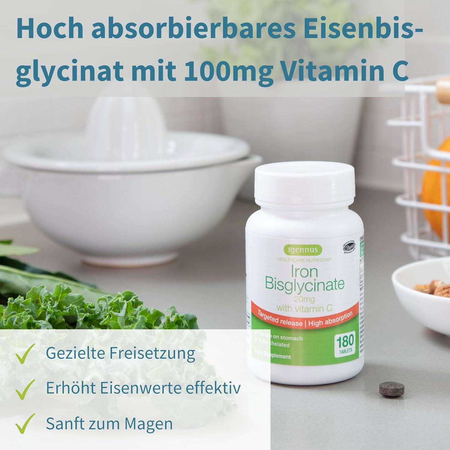 Fles Igennus Iron Bisglycinate 20mg met Vitamine C, 180 tabletten.