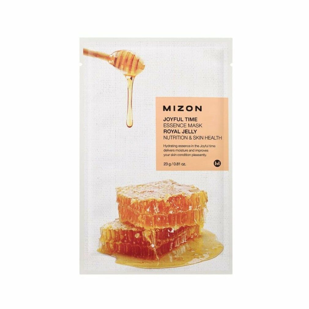 Gezichtsmasker. Opschrift: Mizon Joyful Time Essence Mask Royal Jelly. Honingraat. Honing druppelt van lepel.
