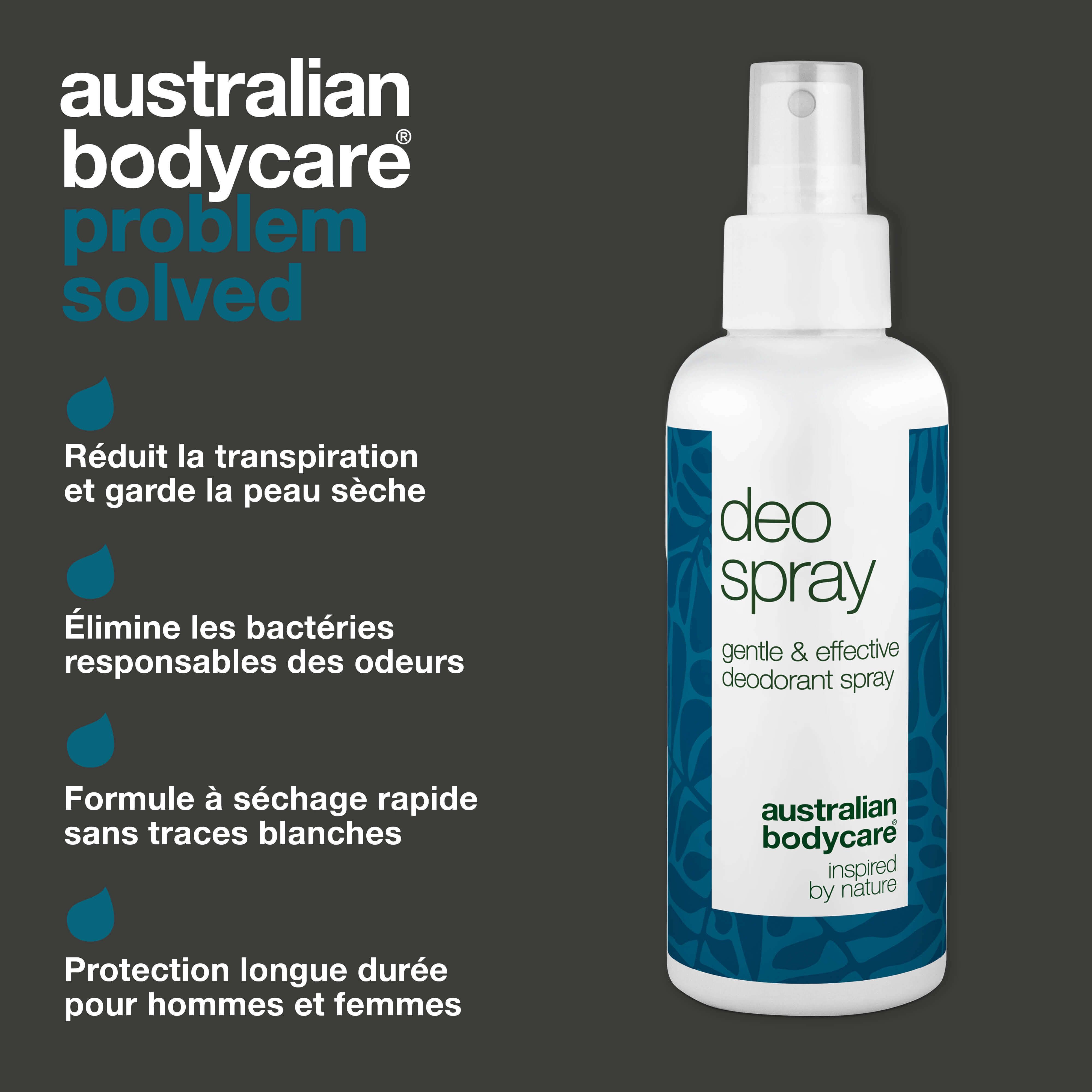 Flacon de déodorant spray. Texte: Réduit la transpiration, élimine les bactéries, séchage rapide, protection longue durée.