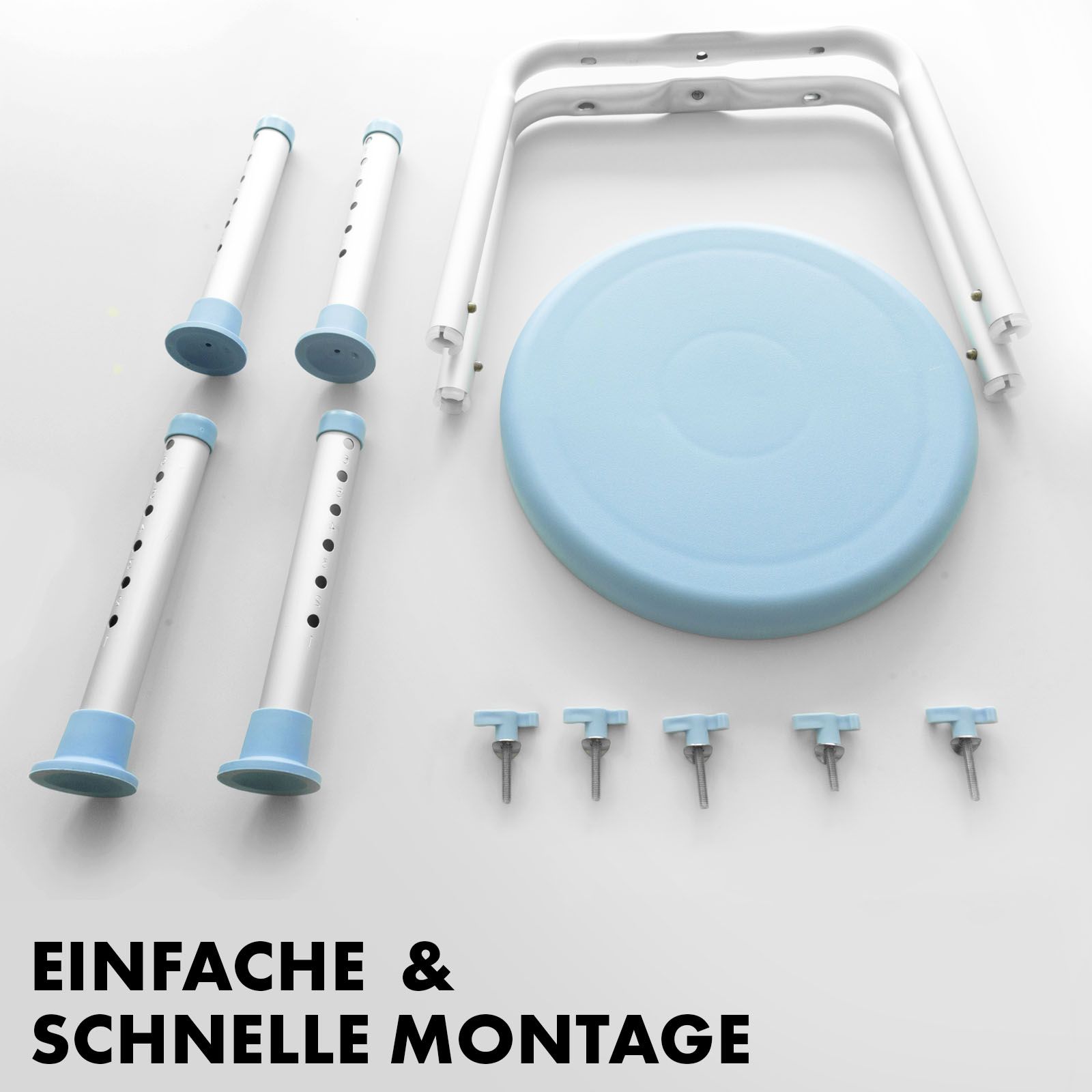 Douchekruk componenten: zitting, poten, schroeven. Eenvoudige en snelle montage.