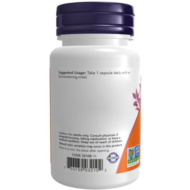 Witte fles met paarse dop. Label met tekst: Suggested Usage. Code 3210B. GMP-zegel. Vegan-zegel.
