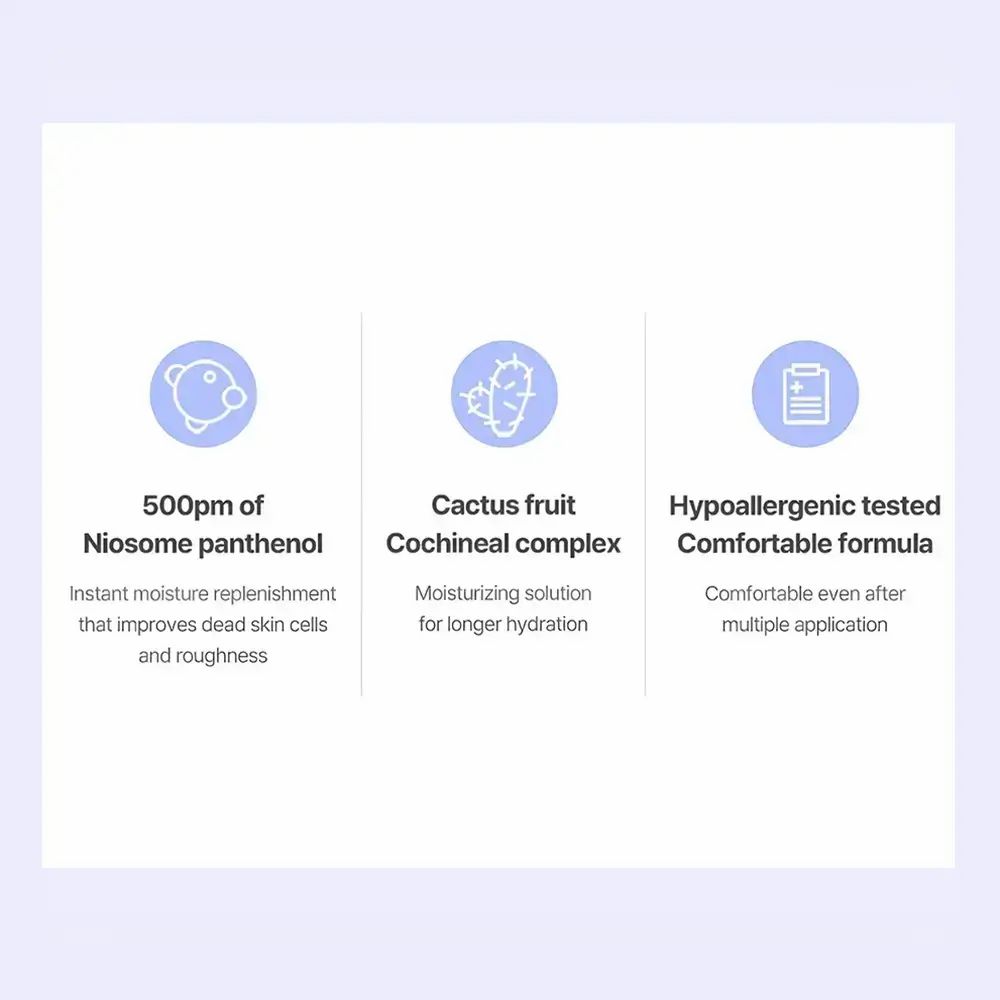 Drie cirkels met tekst: 500pm of Niosome panthenol, Cactus fruit Cochineal complex, Hypoallergenic tested.