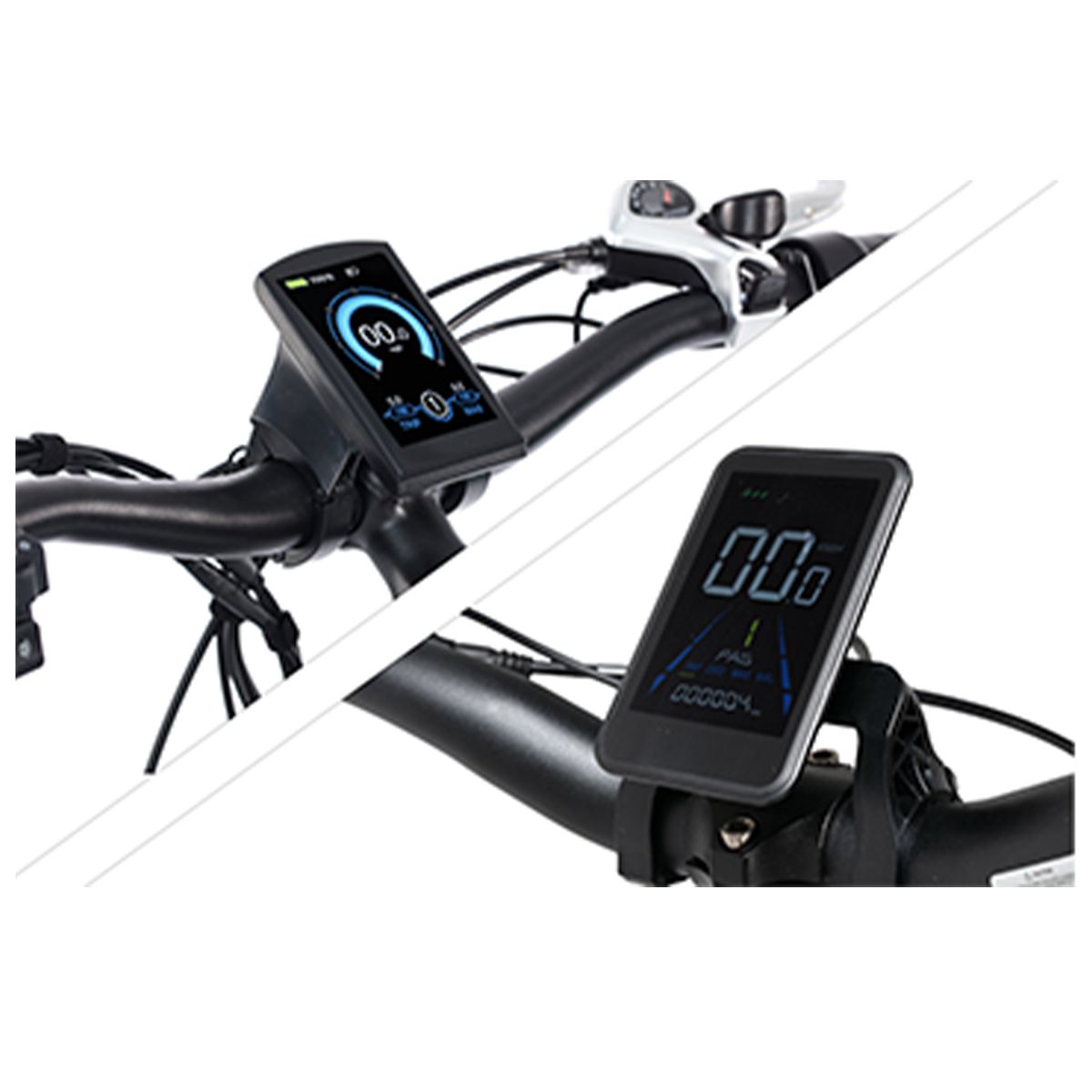 Stuur met twee displays. Zwarte displays tonen informatie. Zichtbare elementen: snelheid, batterij-indicator, route-informatie.