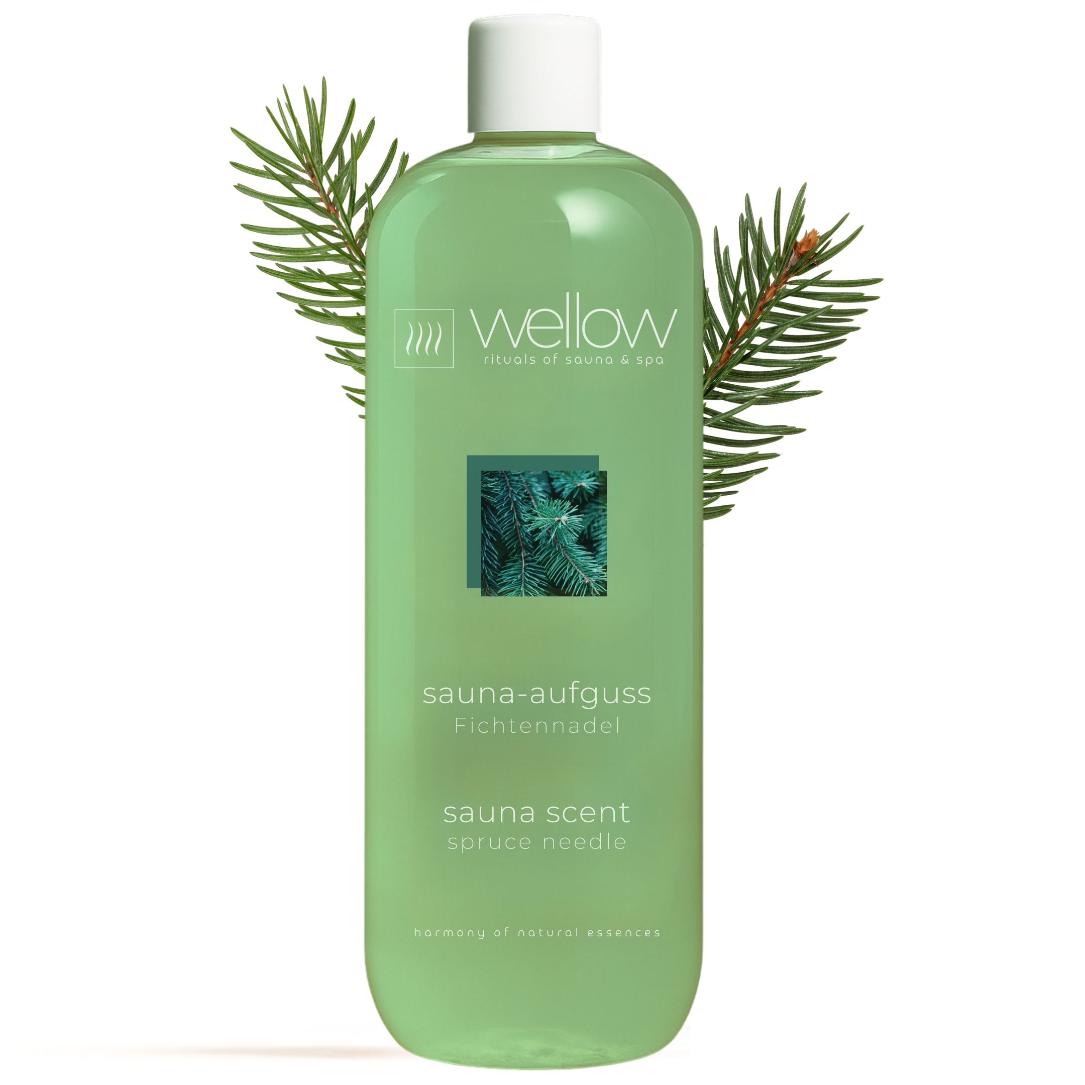 Groene fles met witte dop. Opschrift: Wellow, sauna-aufguss Fichtennadel, sauna scent spruce needle. Takken.