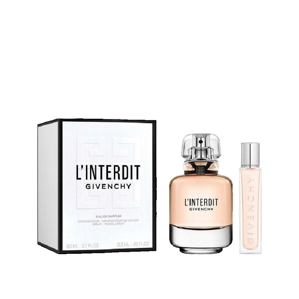Geschenkset met fles, verstuiver en doos. Fles met opschrift L'Interdit Givenchy. Doos met logo en opschrift L'Interdit.