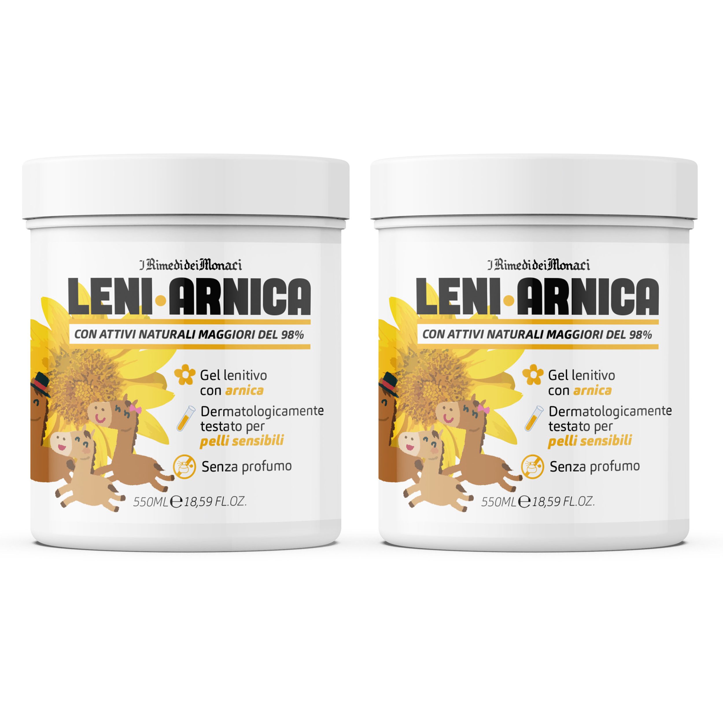 Twee witte potten met de tekst Leni Arnica. Opschrift: Gel lenitivo con arnica, dermatologisch getest voor de gevoelige huid.