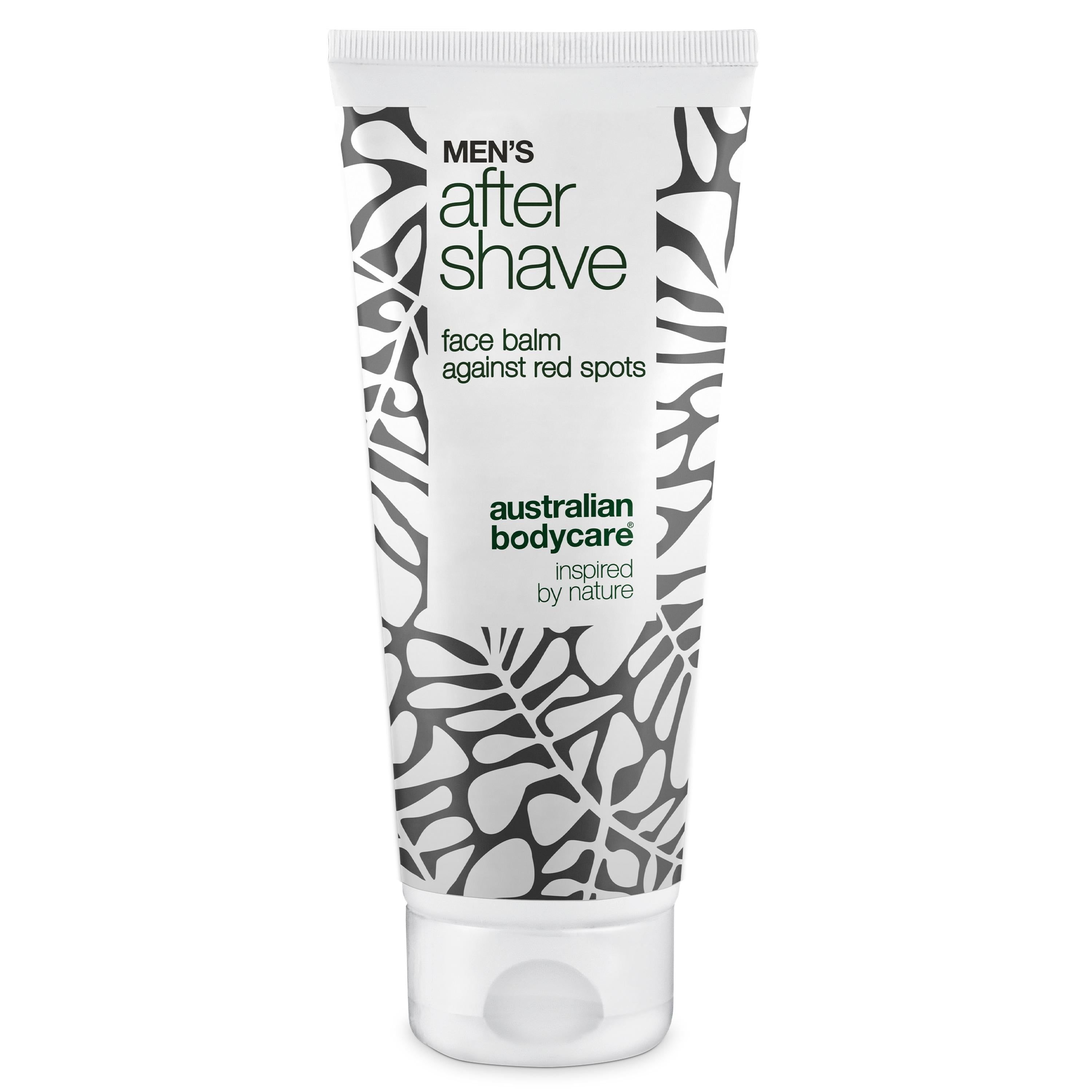 Tube blanche et verte de baume après-rasage. Texte : 'MEN'S After Shave face balm against red spots'.