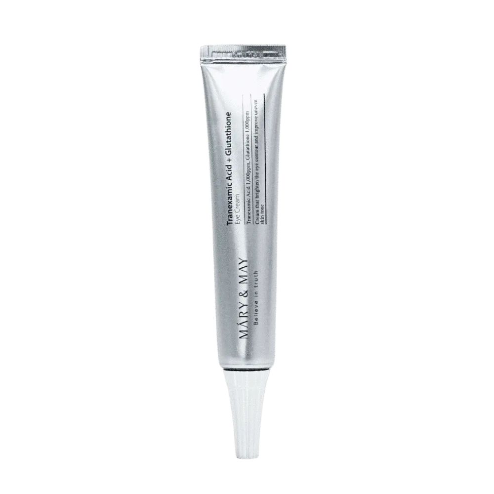 Crème contour des yeux Mary & May Tranexamic Acid + Glutathione dans un tube argenté.
