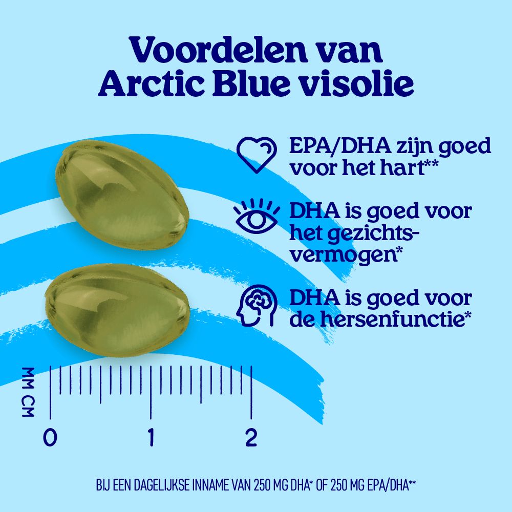 Verpakking Arctic Blue L-Theanine Omega-3 met MSC-keurmerk en tekst over duurzame visserij.
