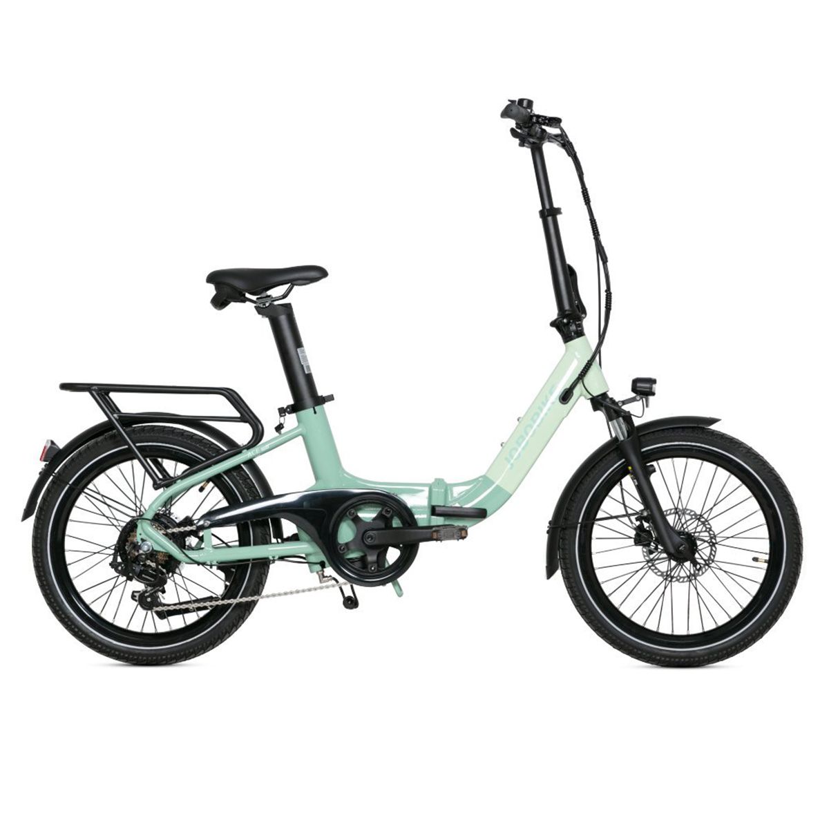 Opvouwbare e-bike in mintgroen. Zwarte banden, zadel en bagagerek. Zichtbare details: pedalen, ketting, remmen.