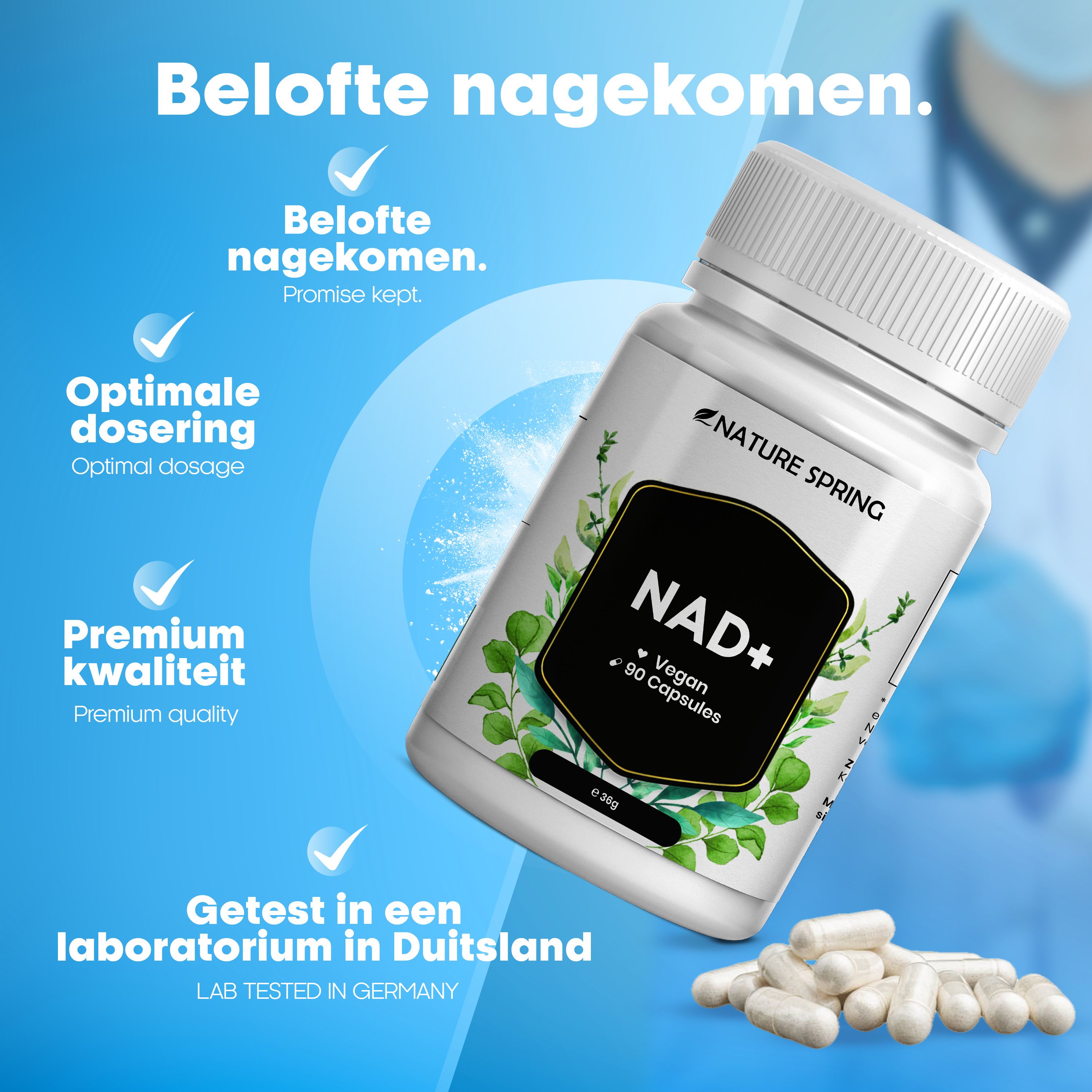 NATURE SPRING NAD+ Capsules: Belofte nagekomen, optimale dosering, premium kwaliteit, in Duitsland getest.