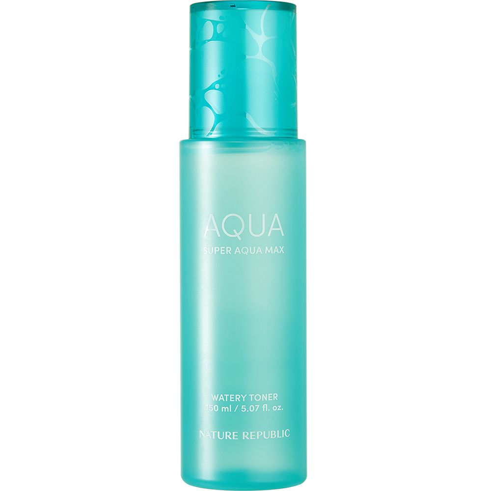 Bouteille turquoise avec "AQUA SUPER AQUA MAX" et informations produit. Marque: NATURE REPUBLIC.