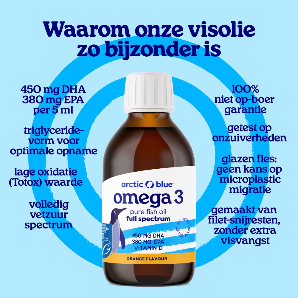 Fles Arctic Blue Omega 3 visolie met kenmerken zoals triglyceridevorm en glazen fles.