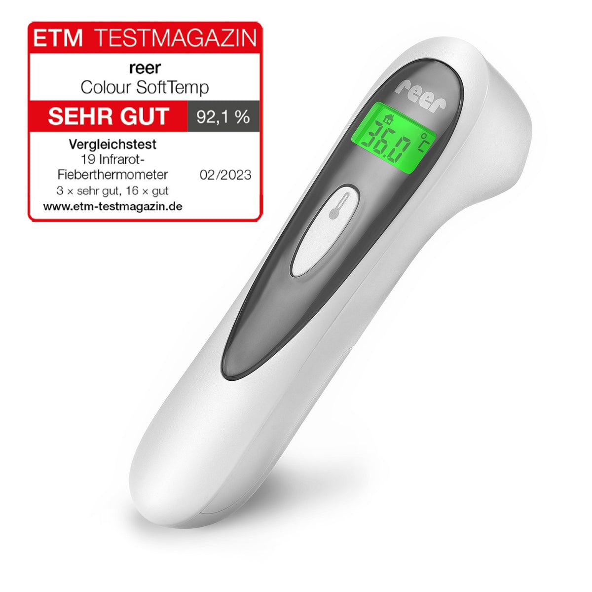 Thermomètre infrarouge sans contact blanc avec affichage numérique. Marque : reer. Distinction ETM Testmagazin.