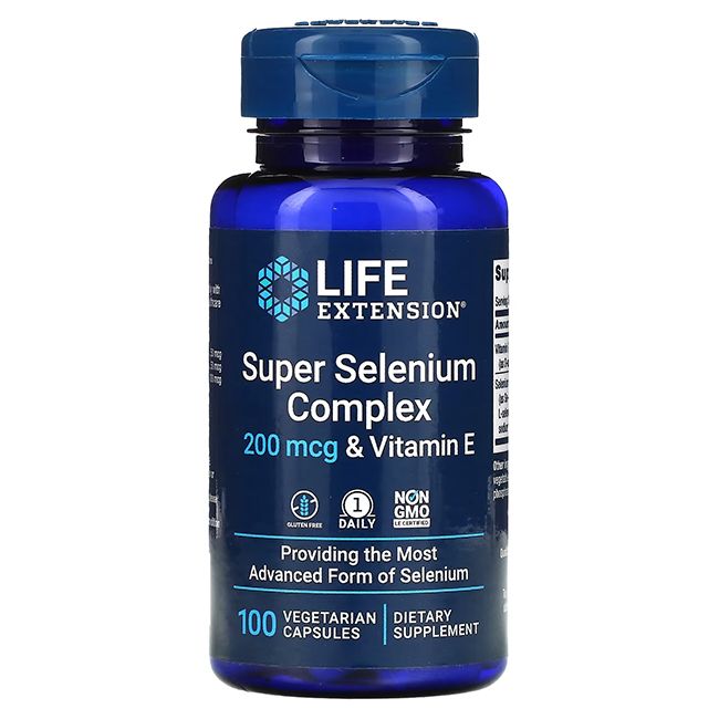 Blauwe fles met witte capsules. Achterkant met voedingsinformatie. Bevat vitamine E en selenium. Fabrikant: Life Extension.