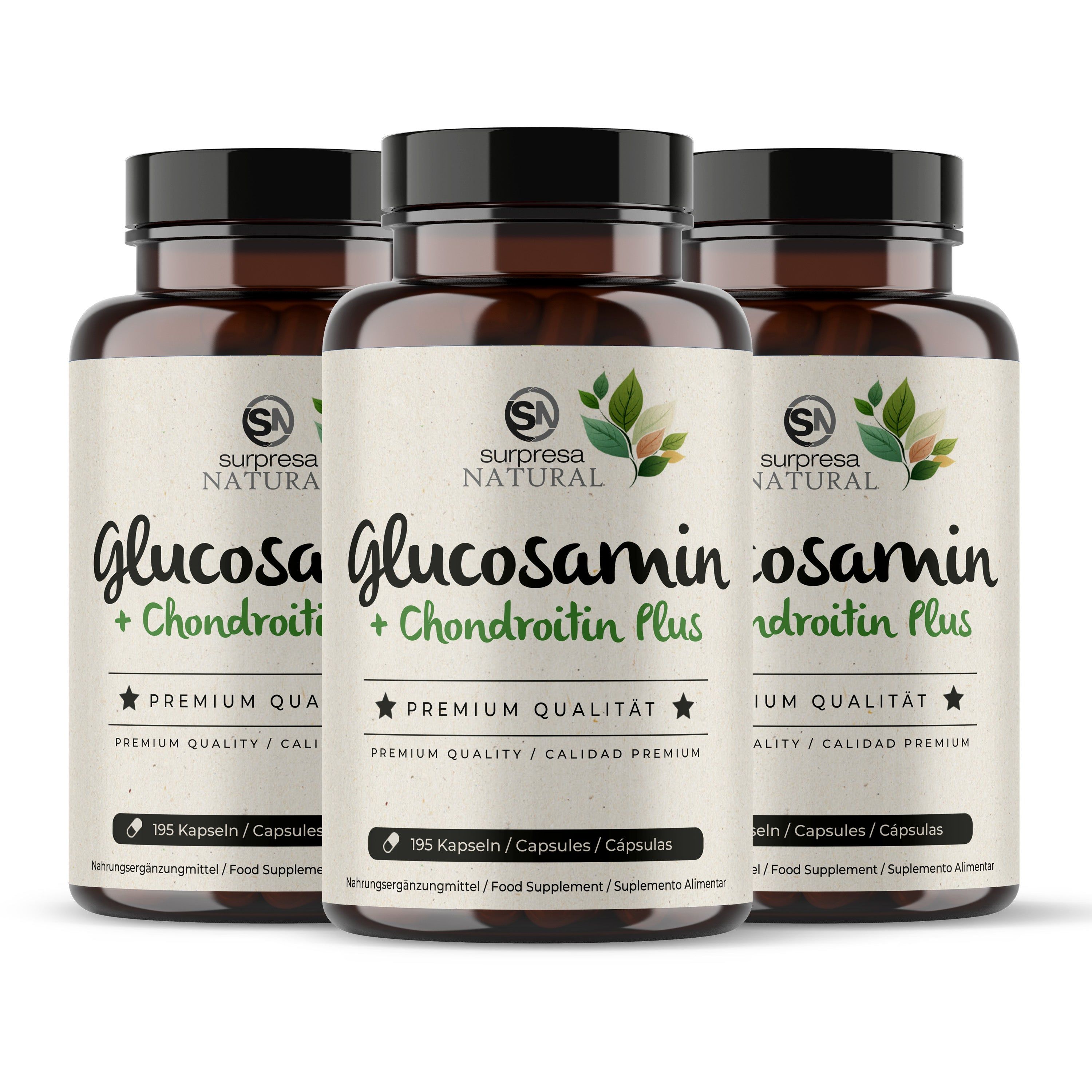 Drie flessen Surpresa Natural Glucosamin + Chondroitin Plus naast elkaar.