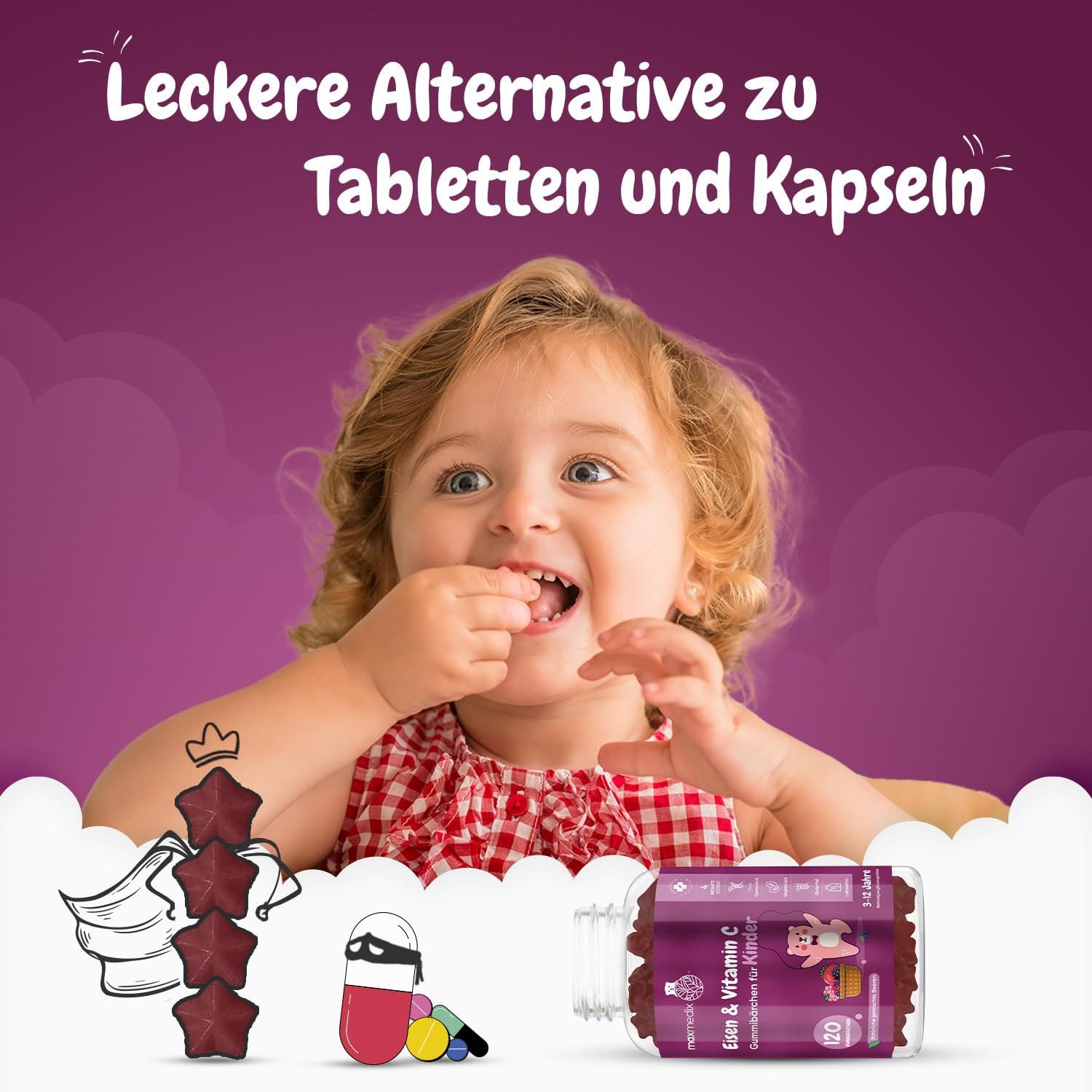 Kind eet gummies. Opschrift: IJzer & Vitamine C voor kinderen. Lekker alternatief voor tabletten en capsules.