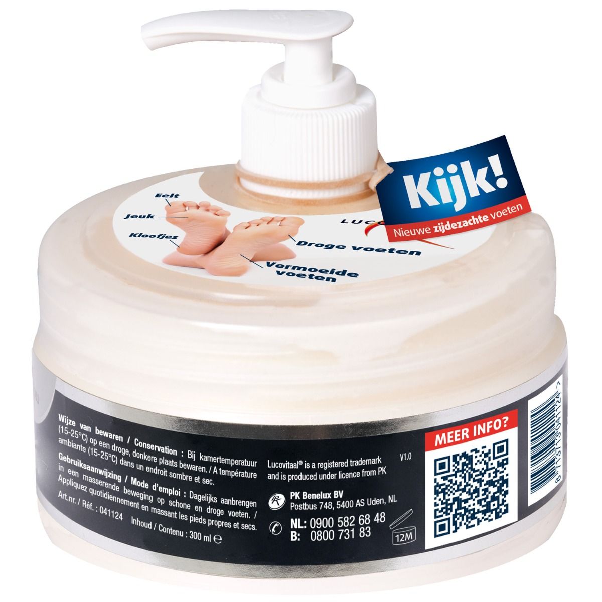 Distributeur de crème Lucovitaal Voetenwonder. Distributeur blanc avec pompe et étiquette. Texte : Voetenwonder, Kijk! Nieuwe zijdezachte voeten.