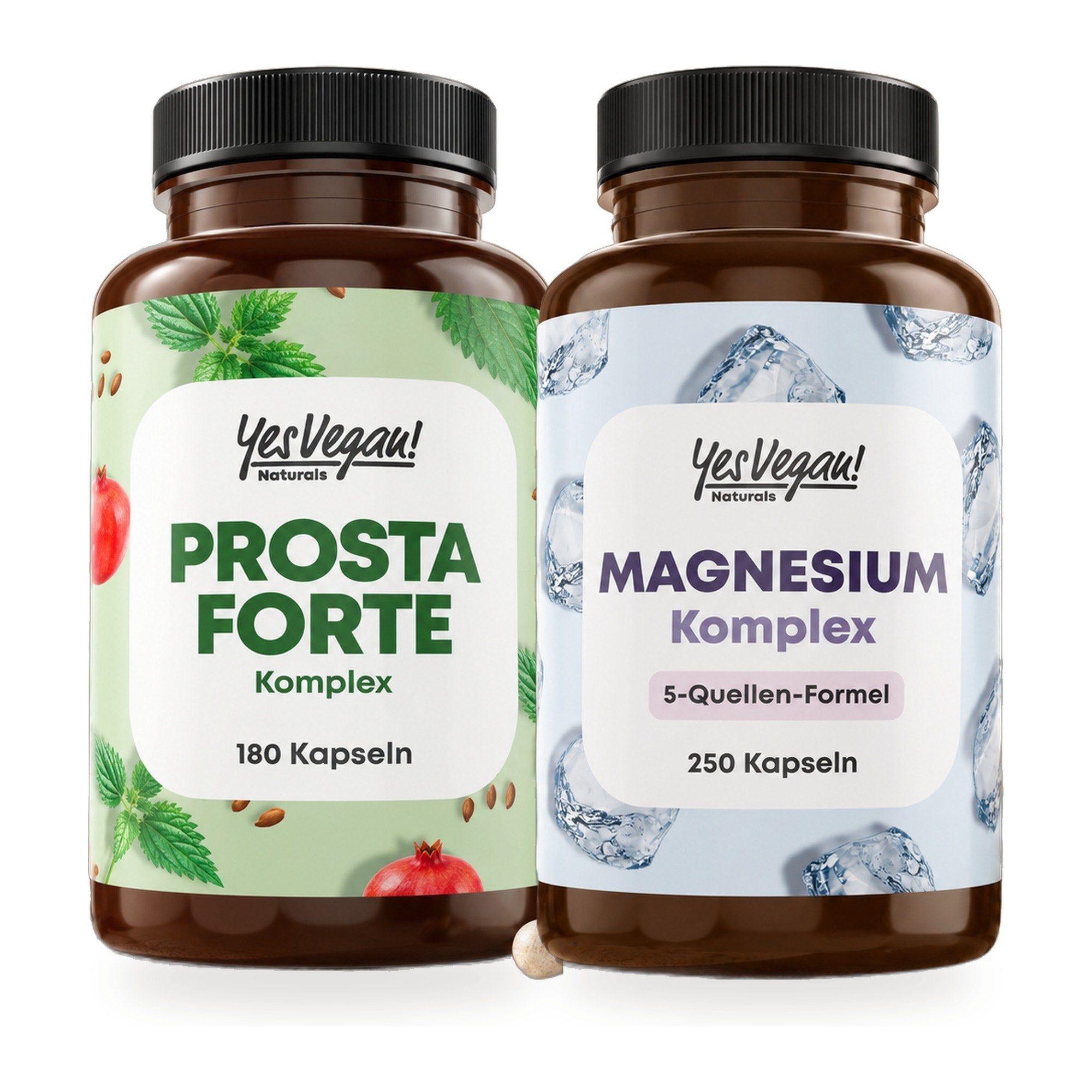 Twee flessen: "Prosta Forte Komplex" (180 capsules) en "Magnesium Komplex" (250 capsules) van "YesVegan! Naturals".