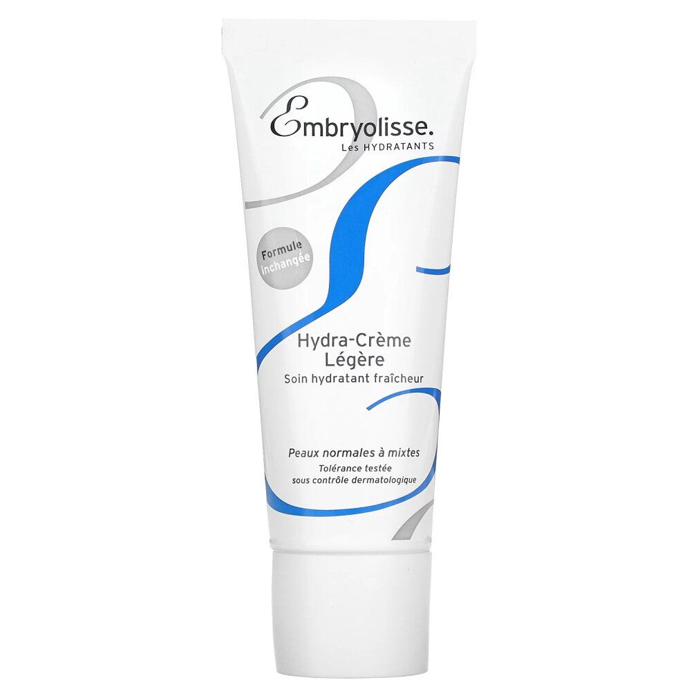 Witte tube met blauw en grijs design. Tekst: Embryolisse, Hydra-Crème Légère, Soin hydratant fraîcheur. Voor normale tot gemengde huid. Formule ongewijzigd.